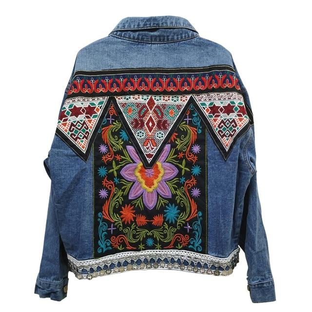 Boho Floral Appliques Vintage Denim Jacket