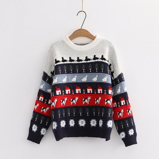Cute animarls & Trees Embroidery Sweater