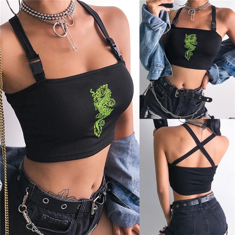 Dragon Embroidery Buckle Crop Top