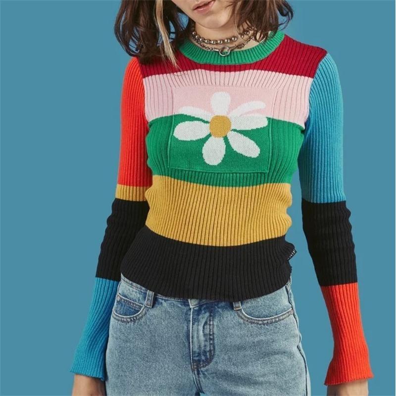 Knitted Daisies embroidered rainbow Sweater