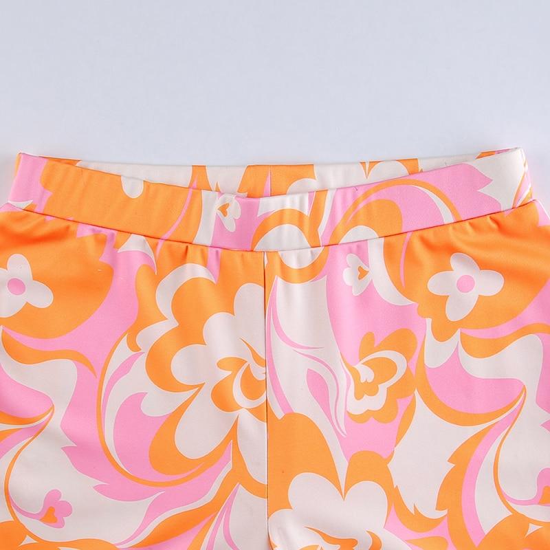 Orange and pink High Waist Floral Boot Cut Pants closeup productpicture