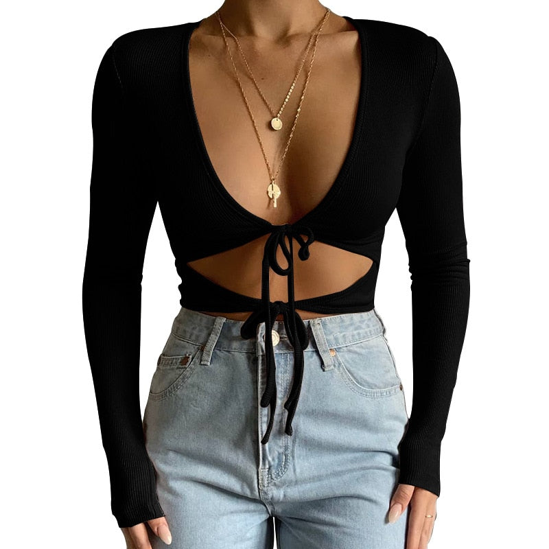 black Deep V-Neck Front Tie Up long sleeve Crop Tops aesthetic fashion