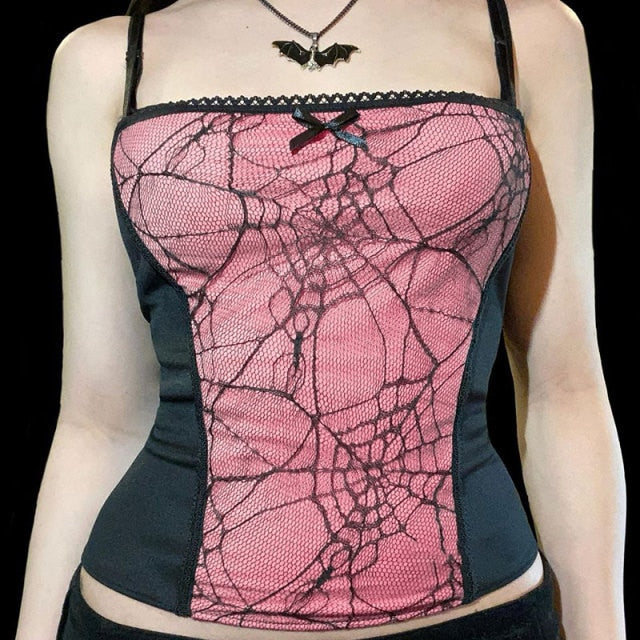 Gothic Clothing Pink Spider Web Lace Top