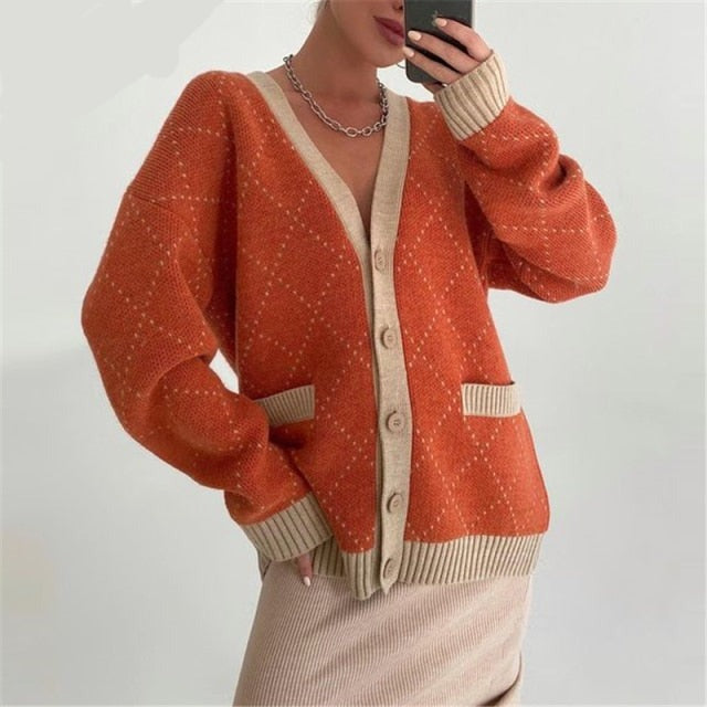 Vintage aesthetic clothing Buttoned Knitted Cardigan  in orange and beige
