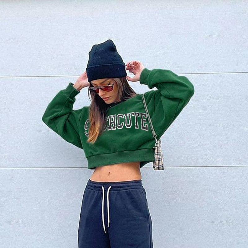 Baddie Aesthetic Green and comfy "Suchcute" Oversize cropped sweatshirt with free belly for women in hip hop style