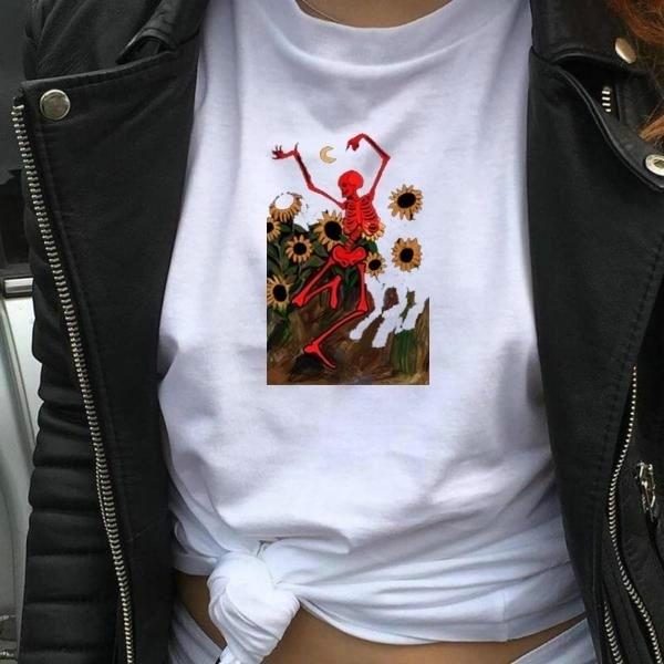 White Skeletons Dance On The Sunflowers Art Hoe Aesthetic T-Shirt | Aesthetics Soul