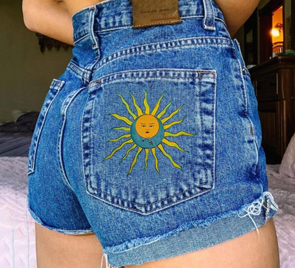 Sun and Moon Embroidered aesthetic Shorts denim hot pants