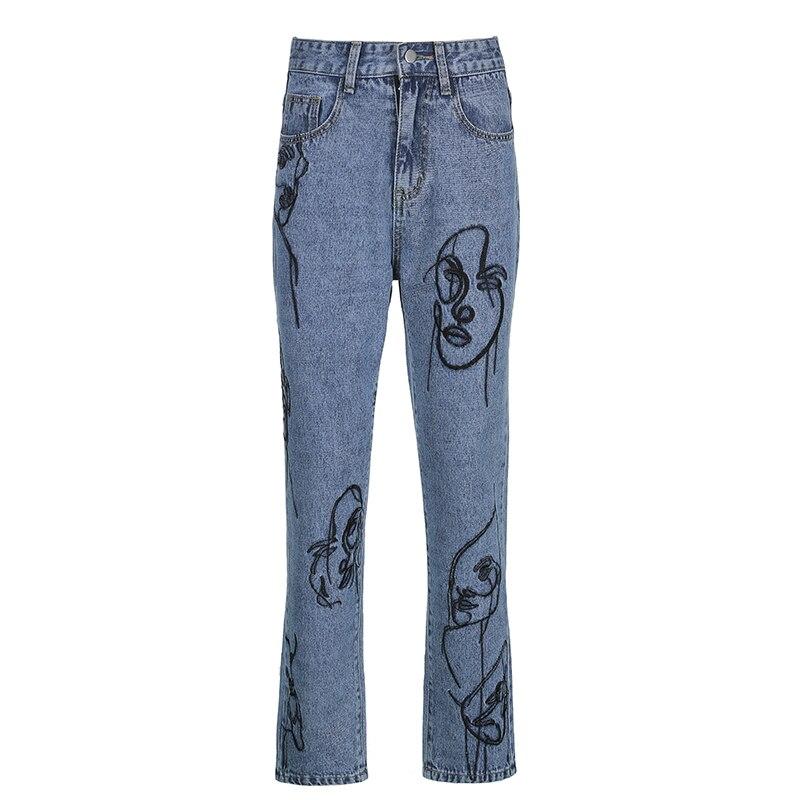 Aesthetic Outline Embroidery Mom Jeans