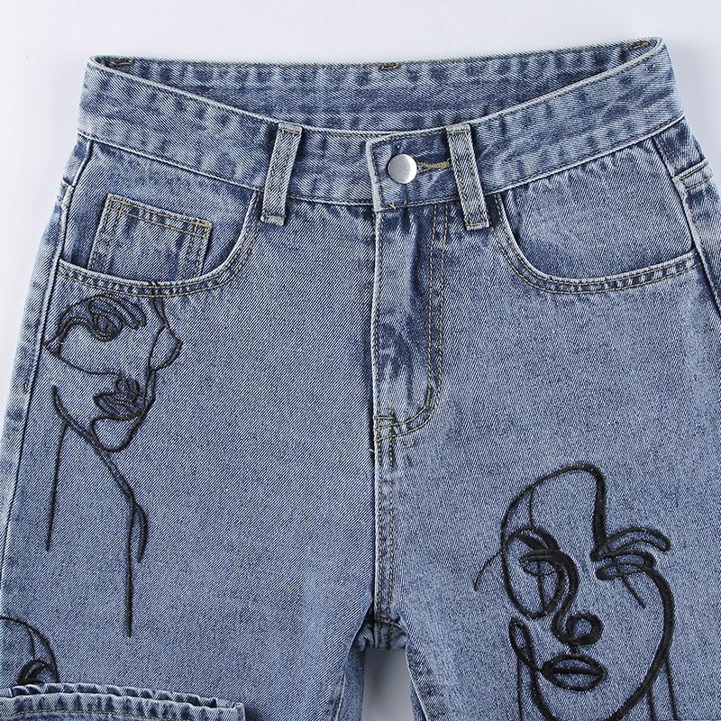 Aesthetic Outline Embroidery Mom Jeans