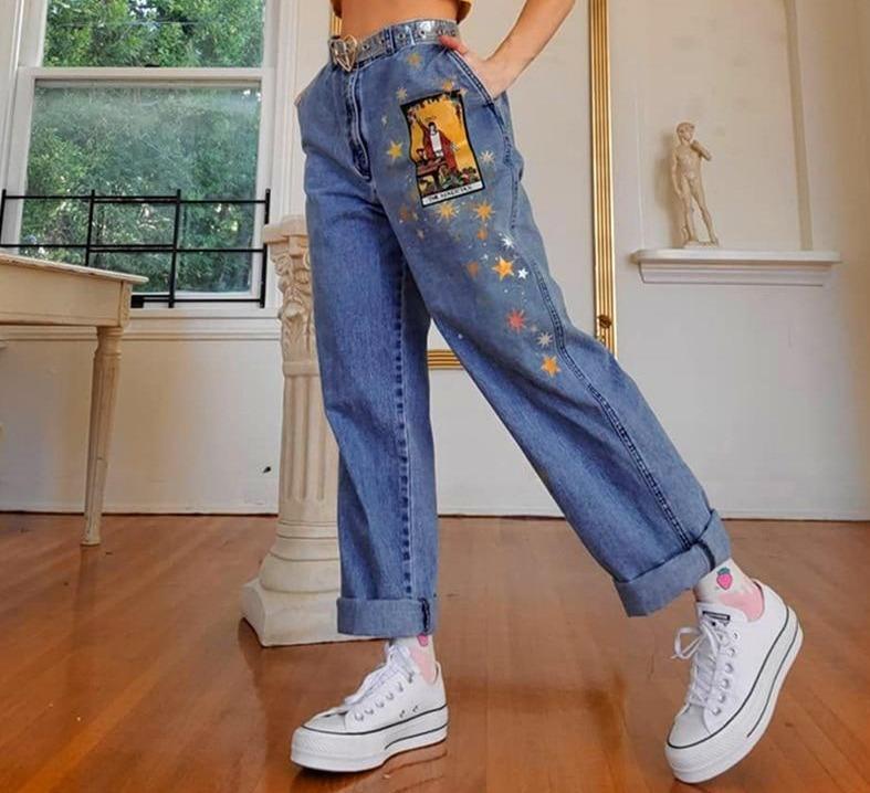  Women's High Rise Straight Leg Embroidered Y2K Jeans Casual  Star Print Baggy Pants Teens Vintage Aesthetic Clothes Blue : Clothing,  Shoes & Jewelry