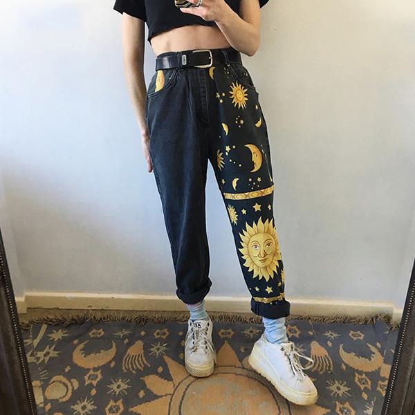 Vintage Mom Jeans with a night sky embroided Theme. The perfect look for your vintage aesthetic collection