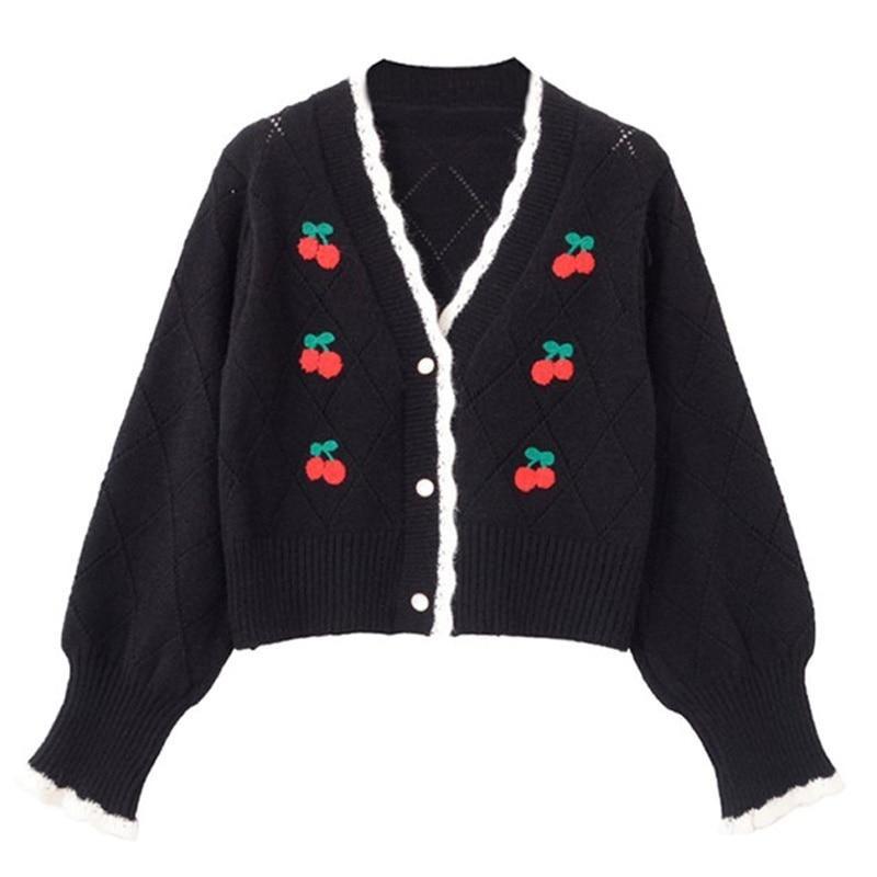 Cherry Embroidered Pointelle Knit Sweaters