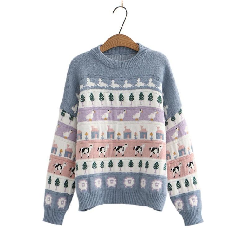 Cute animarls & Trees Embroidery Sweater