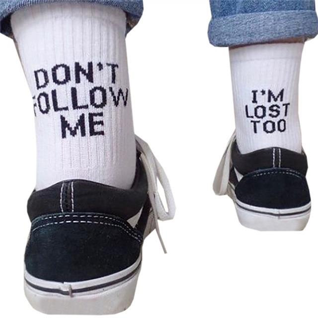 "Don't Follow Me - I'm Lost Too" print on white cotton Socks