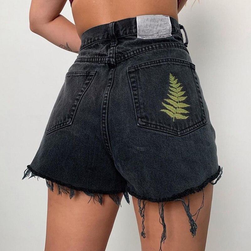 Fern Leaf Embroidery Dark Denim Shorts