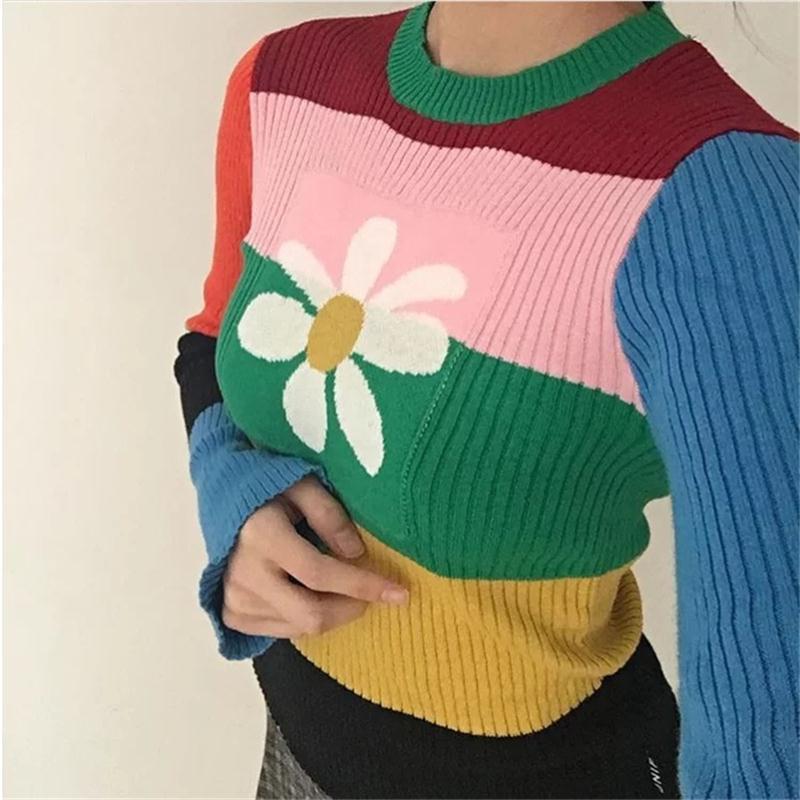 Knitted Daisies embroidered rainbow Sweater