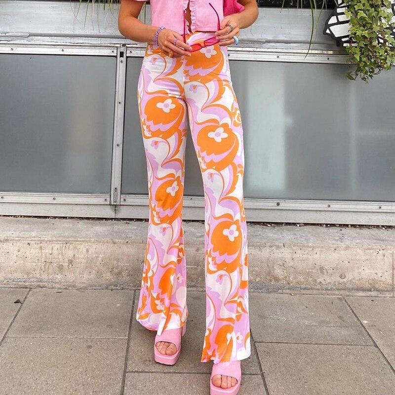 Orange and pink High Waist Floral Boot Cut Pants