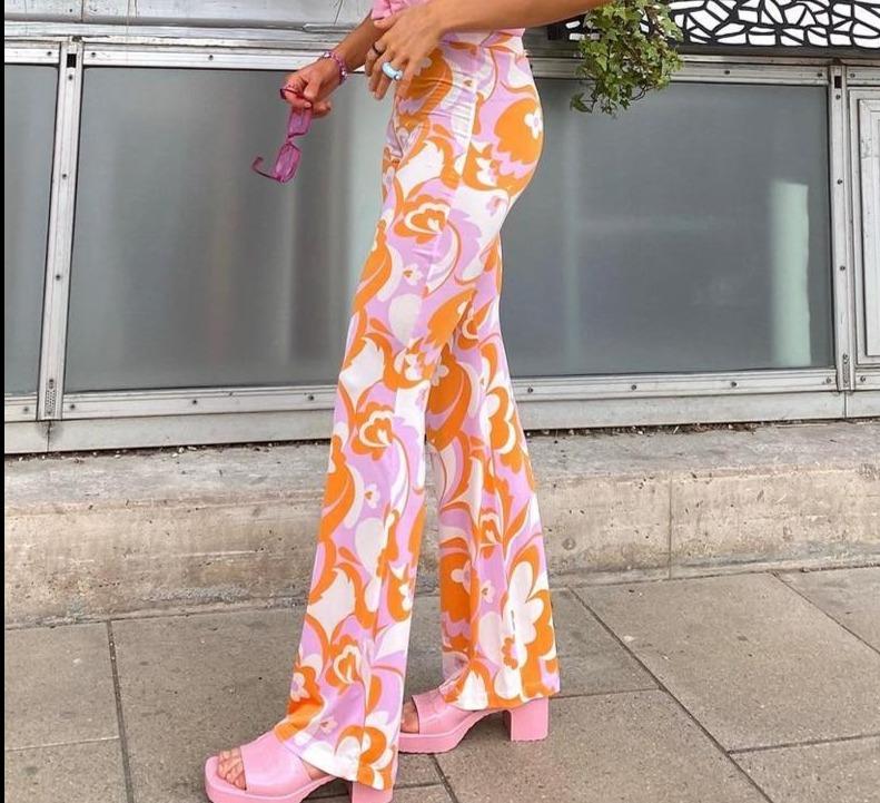 Orange and pink High Waist Floral Boot Cut Pants
