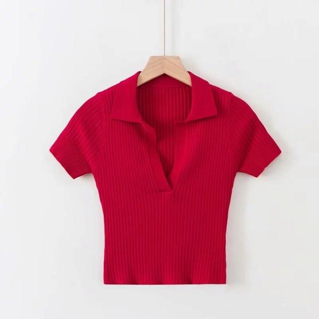 red Vintage ribbed women polo shirt crop top in vintage summer fashion with short sleeves solid and slim knit.