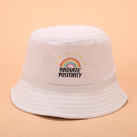 White "Radiate Positivity" Rainbow Bucket Hat