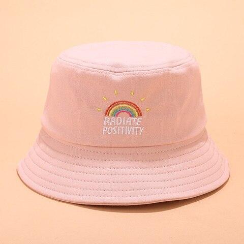 Pastel pink"Radiate Positivity" Rainbow Bucket Hat