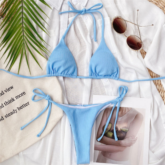 Aesthetics Soul is featuring the hottest Bikinis for the upcoming summer season. Find the solid triangle Bikini in light blue.