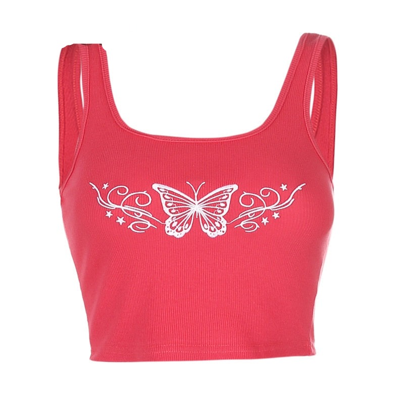 Red Cute Butterfly Embroidery Crop Top
