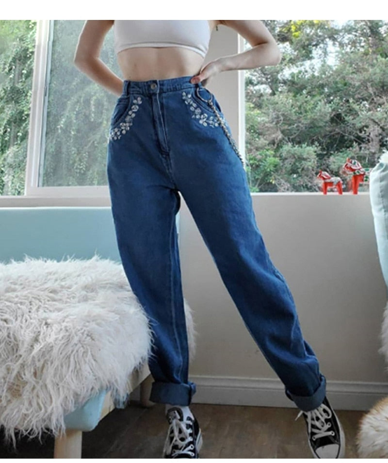 Floral Embroidered Mom Jeans