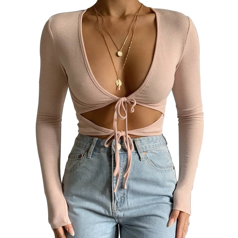 Beige Deep V-Neck Front Tie Up long sleeve Crop Tops aesthetic fashion