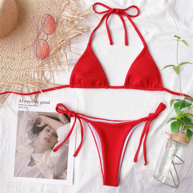 Aesthetics Soul is featuring the hottest Bikinis for the upcoming summer season. Find the solid triangle Bikini in red.