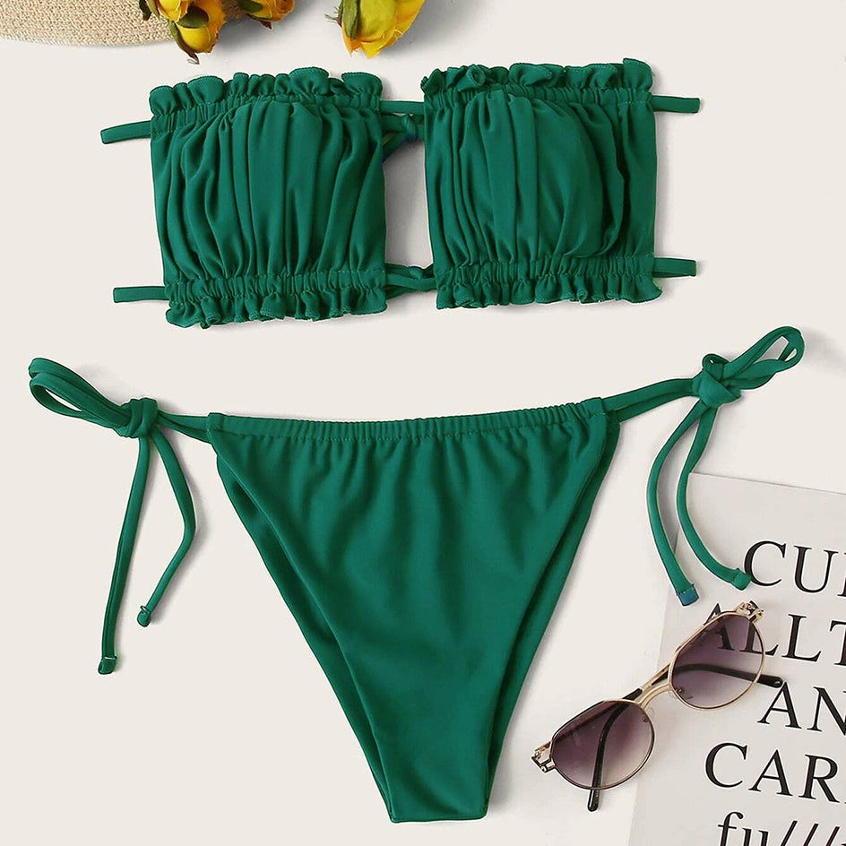 This strapless pleated Bandeau women Bikini comes in many different colors and sizes. Get yours today for the perfect beach outfit.