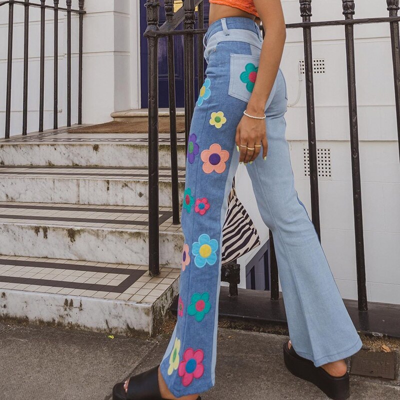 Y2K Aesthetic flare jeans pants with floral patchwork design