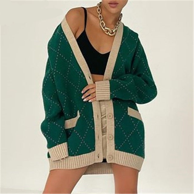 Vintage aesthetic clothing Buttoned Knitted Cardigan  in green and beige