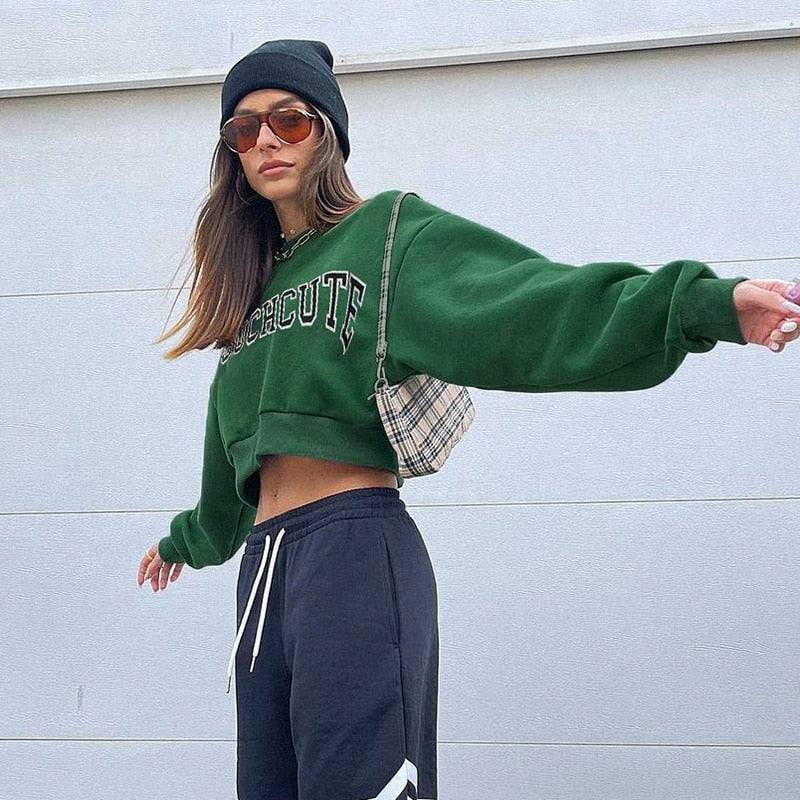Baddie Aesthetic Green and comfy "Suchcute" Oversize cropped sweatshirt with free belly for women in hip hop style