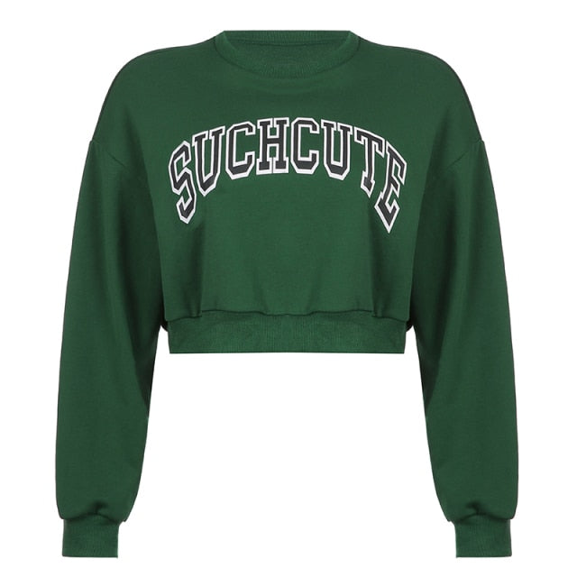 Baddie Aesthetic Green "Suchcute" Oversize cropped sweatshirt with free belly for women