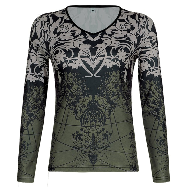 Long Sleeve Floral Print Loose Fit T-Shirt -  Grunge Outfits
