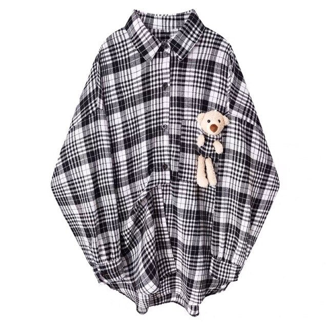 Aesthetic Style Plaid Shirt With Bear