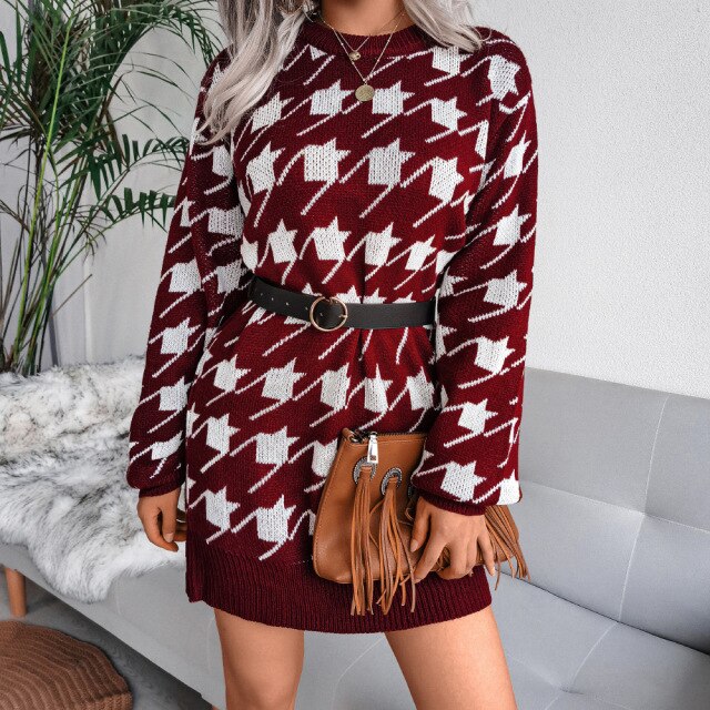 Soft Girl Aesthetic Knitted Patterned Long Sleeve Mini Dress