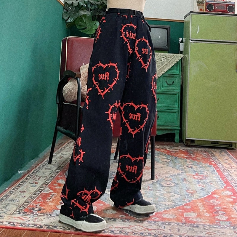Grunge Pants Wide Leg with Barbwire Heart Pattern
