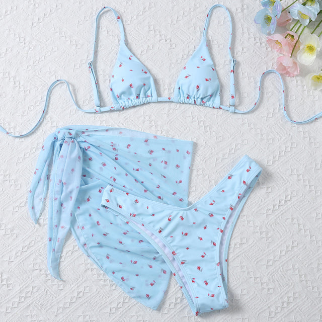 Make this summer a summer to remember with this 3 set Floral Bikini in the color light blue