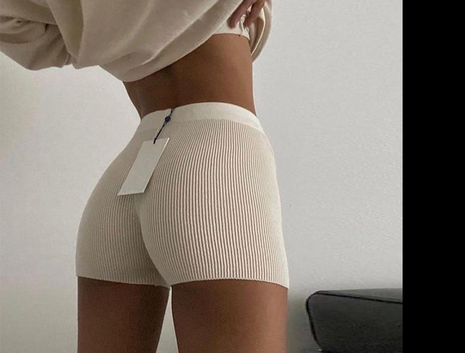 beige Ribbed Short Shorts made from spandex ribbed fabric, these hot pants are body-fitting and stretchy