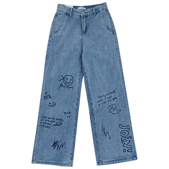 Sesame Street Cartoon Printed Blue Loose Straight Jeans