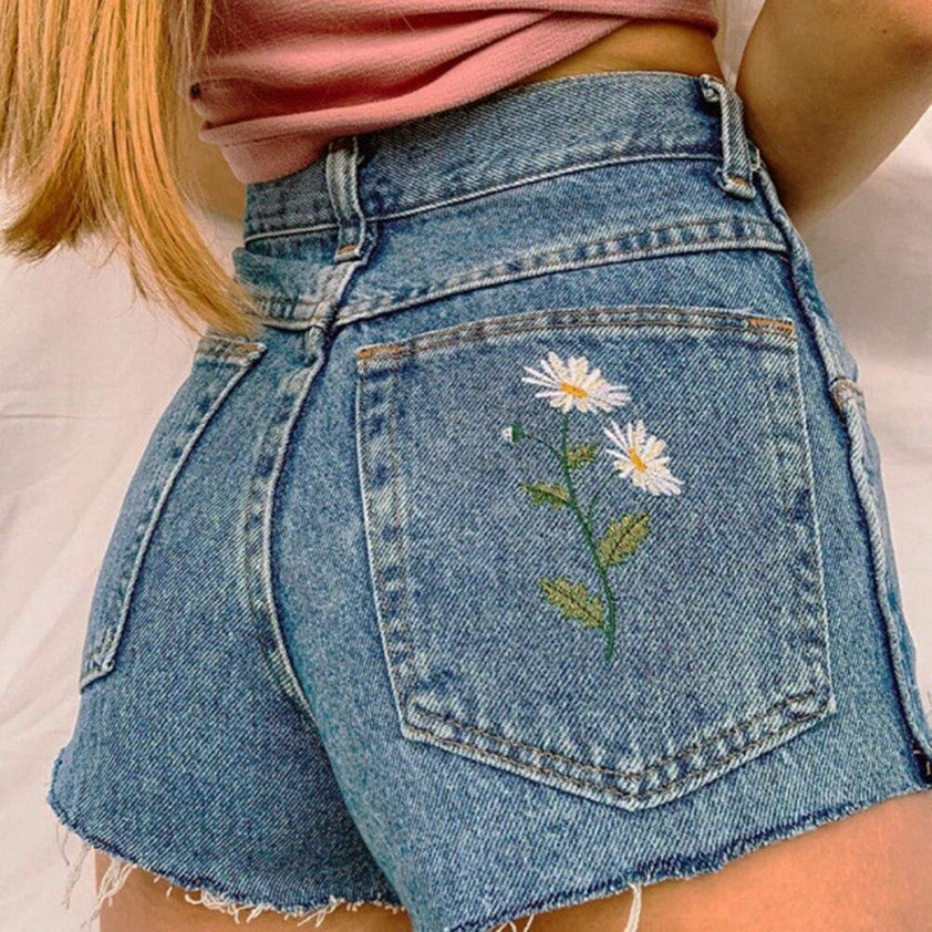 Chamomile Embroidery Denim Shorts – Aesthetic Clothes Store