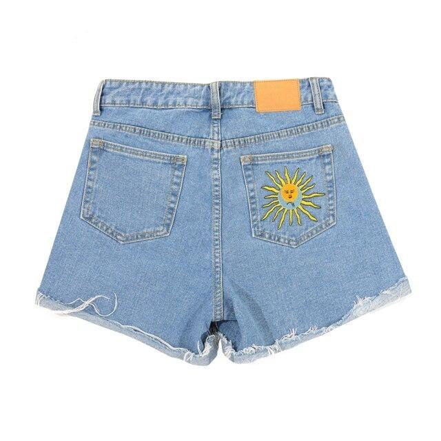 Sun and Moon Embroidered aesthetic Shorts denim hot pants