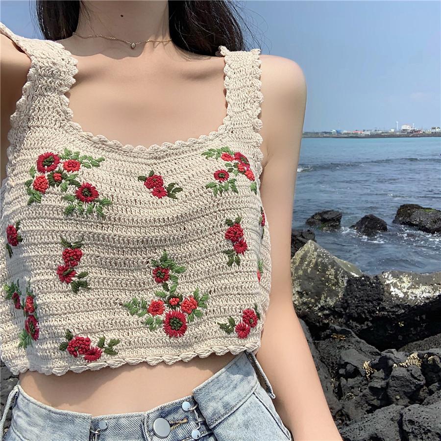 Vintage red flowers Embroidery Knitted beige Crop Top in vintage aesthetic clothing store weared at the see