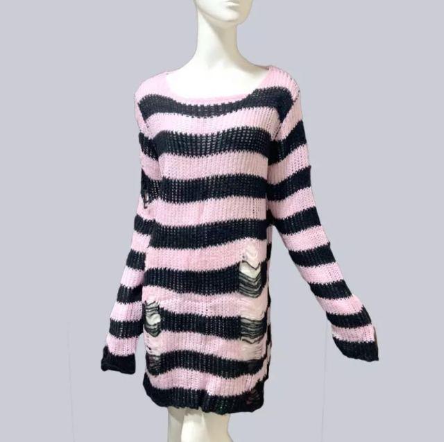 Women Pink and Black Punk Gothic Long Sweater