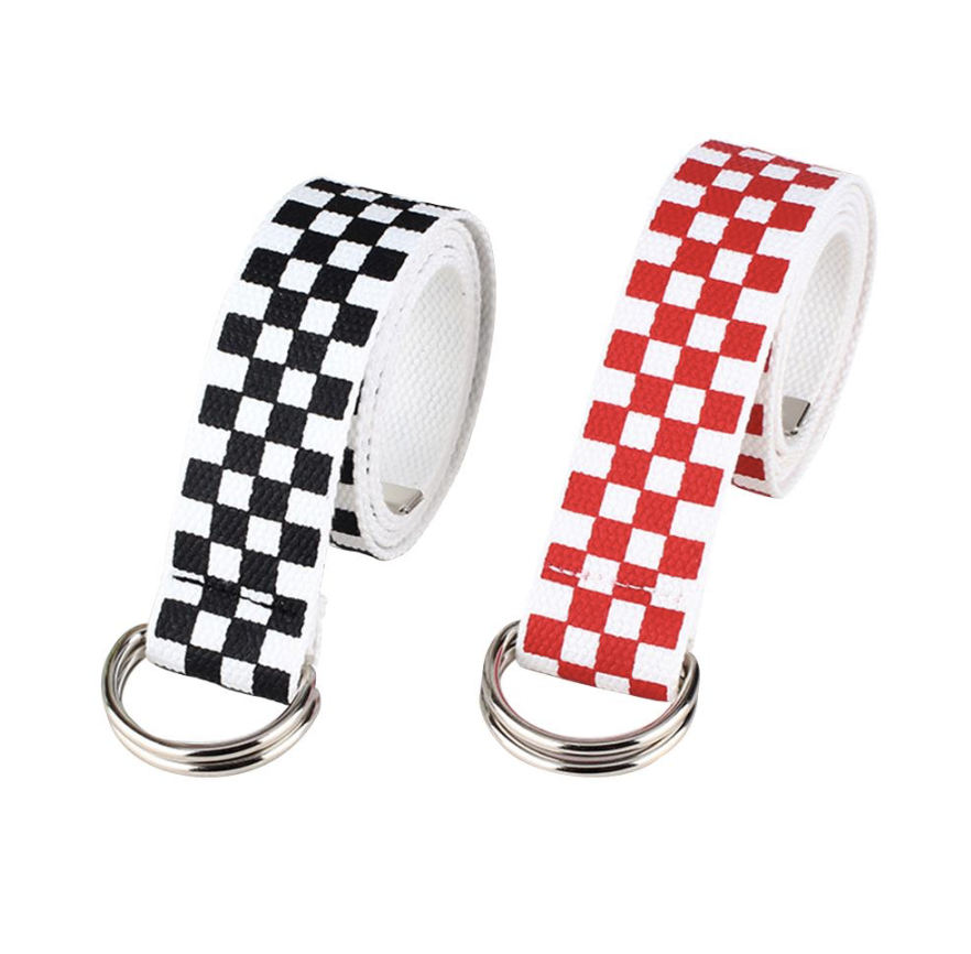 Unisex Checkered Extra Long Belt Canvas Checkerboad Fabric D Ring Men Women