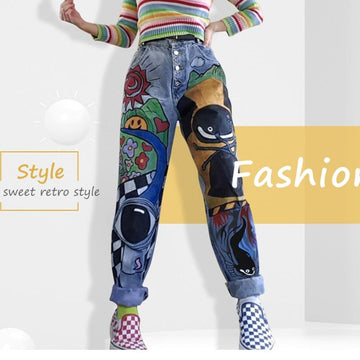 Vintage Style Cartoon Printed Denim Pants